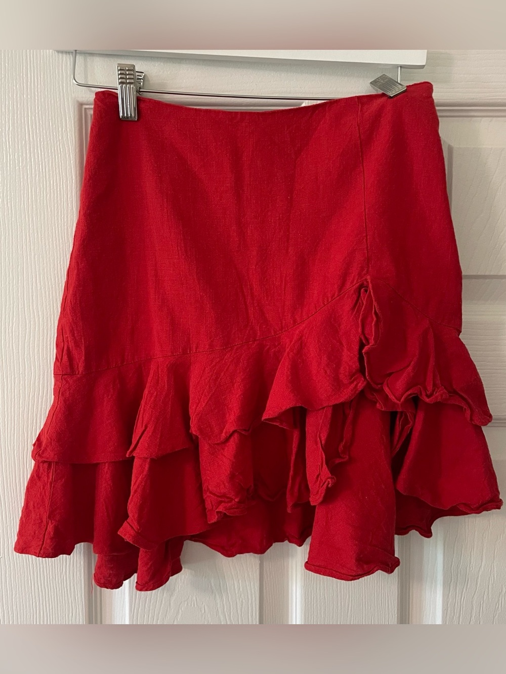 Lulus Red Linen Tiered Ruffled High Waist Slit Asymmetric Sexy Mini Skirt
